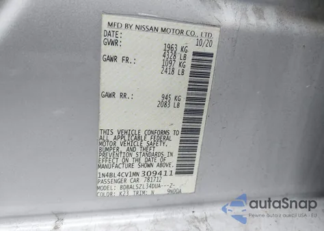 2021 Nissan Altima Sr Fwd z USA, uszkodzony, nr VIN 1N4BL4CV1MN309411